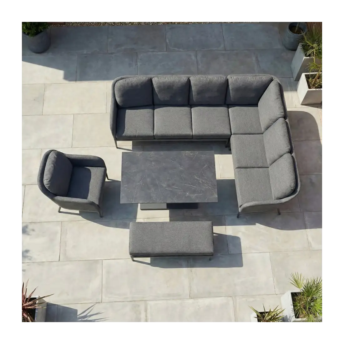 Ally  Corner Fabric Aluminium Dining Set with Armchair & Bench -  Adjustable Rising Table in Graphite Grey