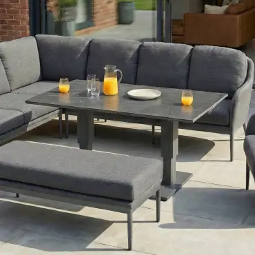 Ally  Corner Fabric Aluminium Dining Set with Armchair & Bench -  Adjustable Rising Table in Graphite Grey