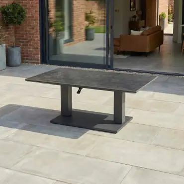 Ally  Corner Fabric Aluminium Dining Set with Armchair & Bench -  Adjustable Rising Table in Graphite Grey