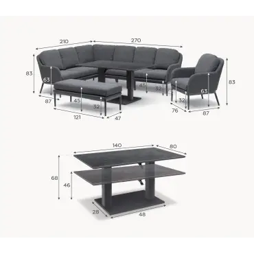 Ally  Corner Fabric Aluminium Dining Set with Armchair & Bench -  Adjustable Rising Table in Graphite Grey