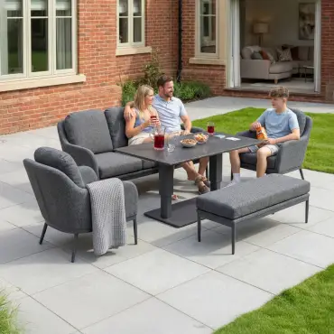 Ally 3 Seater Fabric Aluminium Dining Set with 2 Armchairs & Bench - Adjustable Rising Table