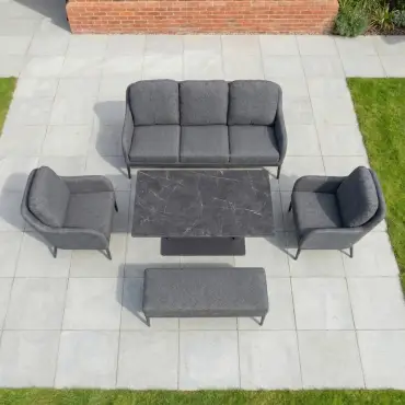 Ally 3 Seater Fabric Aluminium Dining Set with 2 Armchairs & Bench - Adjustable Rising Table