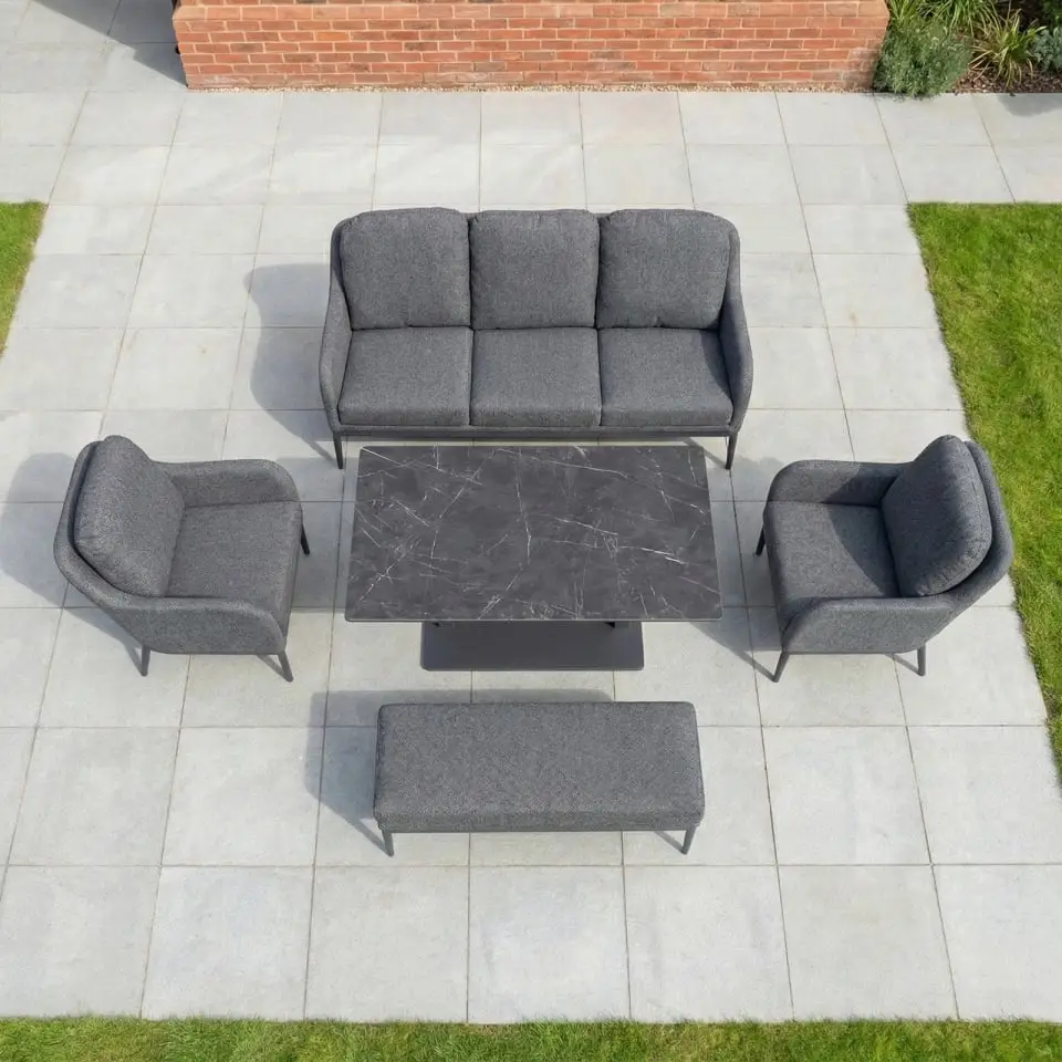 Ally 3 Seater Fabric Aluminium Dining Set with 2 Armchairs & Bench - Adjustable Rising Table