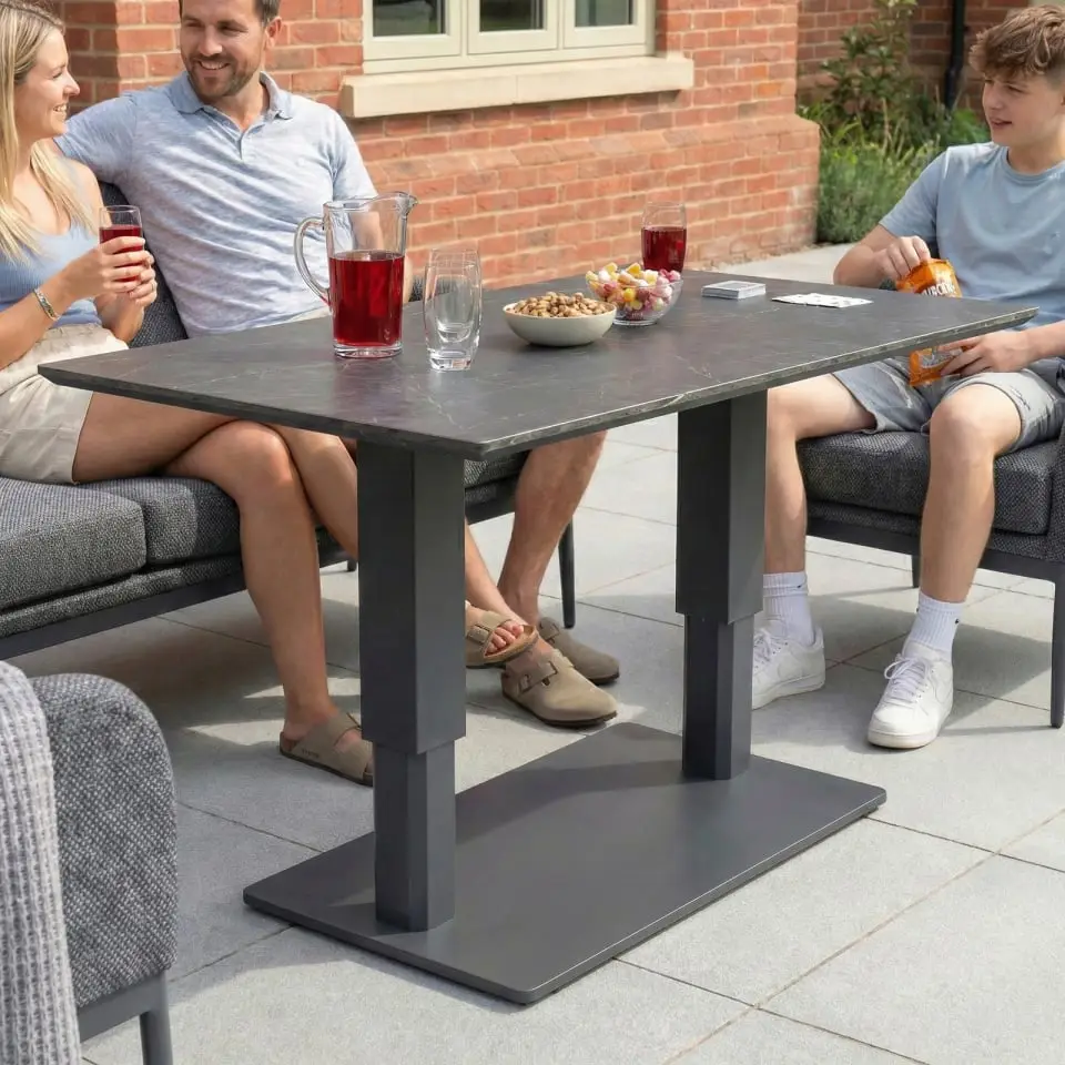 Ally 3 Seater Fabric Aluminium Dining Set with 2 Armchairs & Bench - Adjustable Rising Table in Graphite Grey