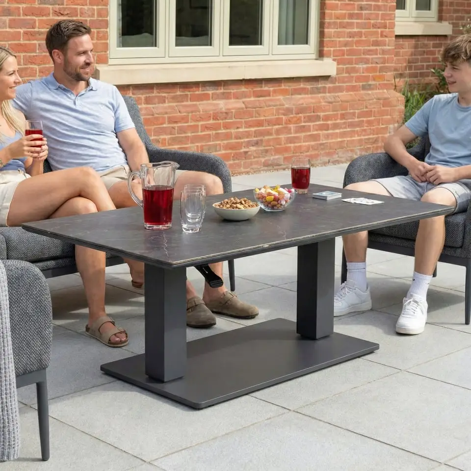 Ally 3 Seater Fabric Aluminium Dining Set with 2 Armchairs & Bench - Adjustable Rising Table in Graphite Grey