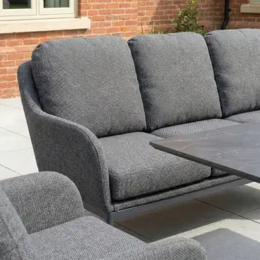 Ally 3 Seater Fabric Aluminium Dining Set with 2 Armchairs & Bench - Adjustable Rising Table in Graphite Grey