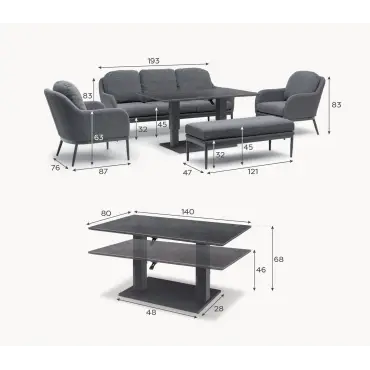 Ally 3 Seater Fabric Aluminium Dining Set with 2 Armchairs & Bench - Adjustable Rising Table