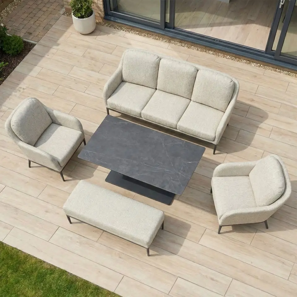 Ally 3 Seater Fabric Aluminium Dining Set with 2 Armchairs & Bench - Adjustable Rising Table in Oatmeal