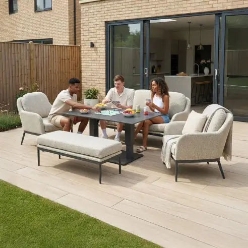 Ally 3 Seater Fabric Aluminium Dining Set with 2 Armchairs & Bench - Adjustable Rising Table in Oatmeal Ally 3 Seater Fabric Aluminium Dining Set with 2 Armchairs & Bench - Adjustable Rising Table in Oatmeal