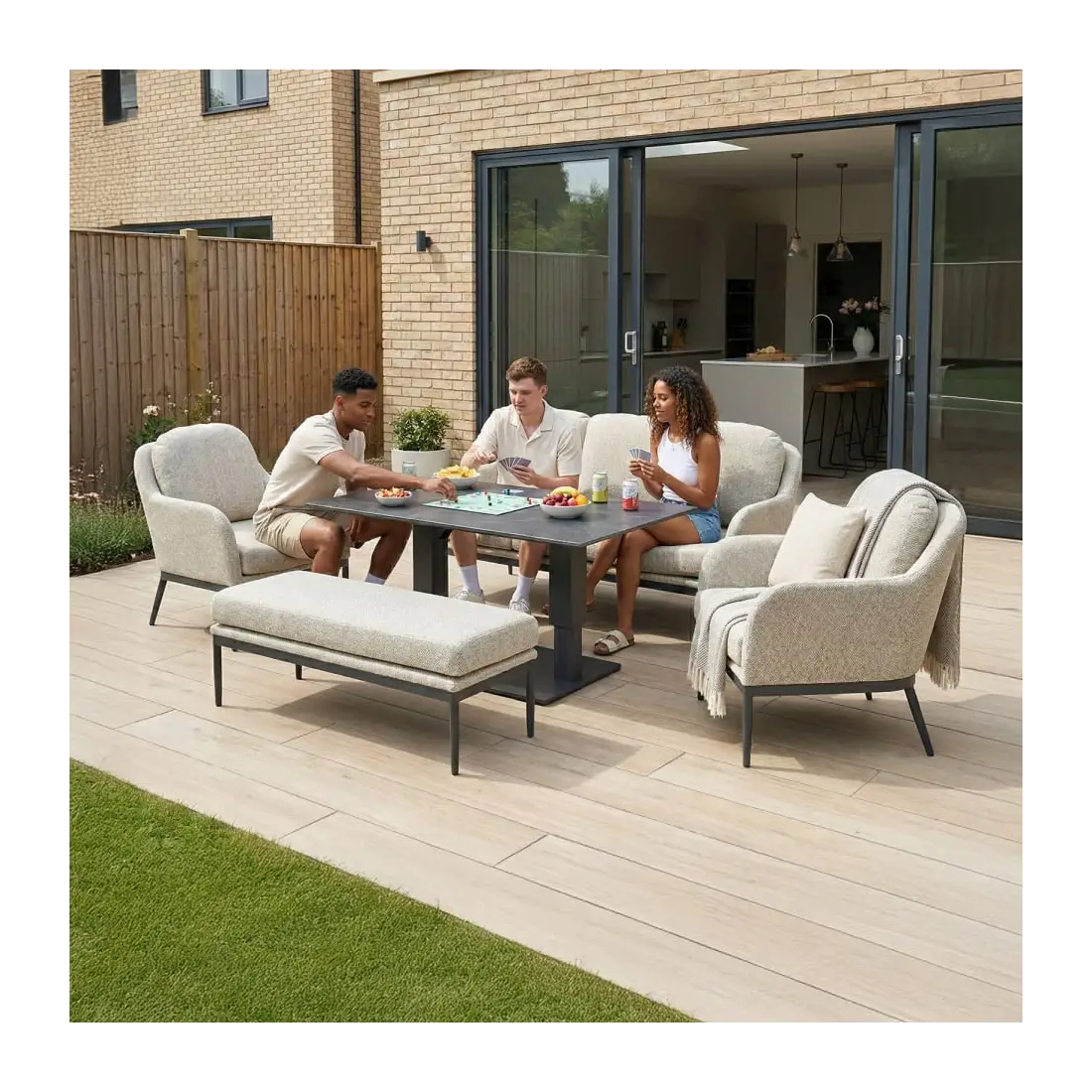 Ally 3 Seater Fabric Aluminium Dining Set with 2 Armchairs & Bench - Adjustable Rising Table in Oatmeal Ally 3 Seater Fabric Aluminium Dining Set with 2 Armchairs & Bench - Adjustable Rising Table in Oatmeal