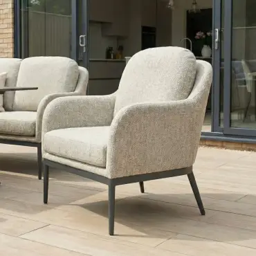 Ally 3 Seater Fabric Aluminium Dining Set with 2 Armchairs & Bench - Adjustable Rising Table in Oatmeal