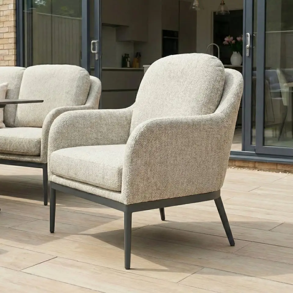 Ally 3 Seater Fabric Aluminium Dining Set with 2 Armchairs & Bench - Adjustable Rising Table in Oatmeal