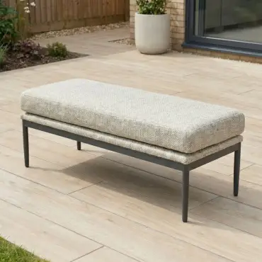 Ally 3 Seater Fabric Aluminium Dining Set with 2 Armchairs & Bench - Adjustable Rising Table in Oatmeal