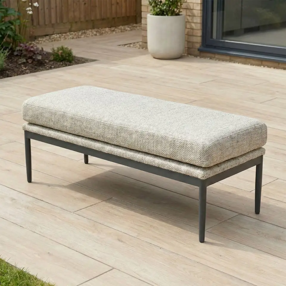 Ally 3 Seater Fabric Aluminium Dining Set with 2 Armchairs & Bench - Adjustable Rising Table in Oatmeal