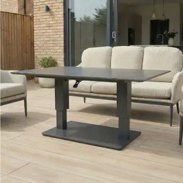 Ally 3 Seater Fabric Aluminium Dining Set with 2 Armchairs & Bench - Adjustable Rising Table in Oatmeal