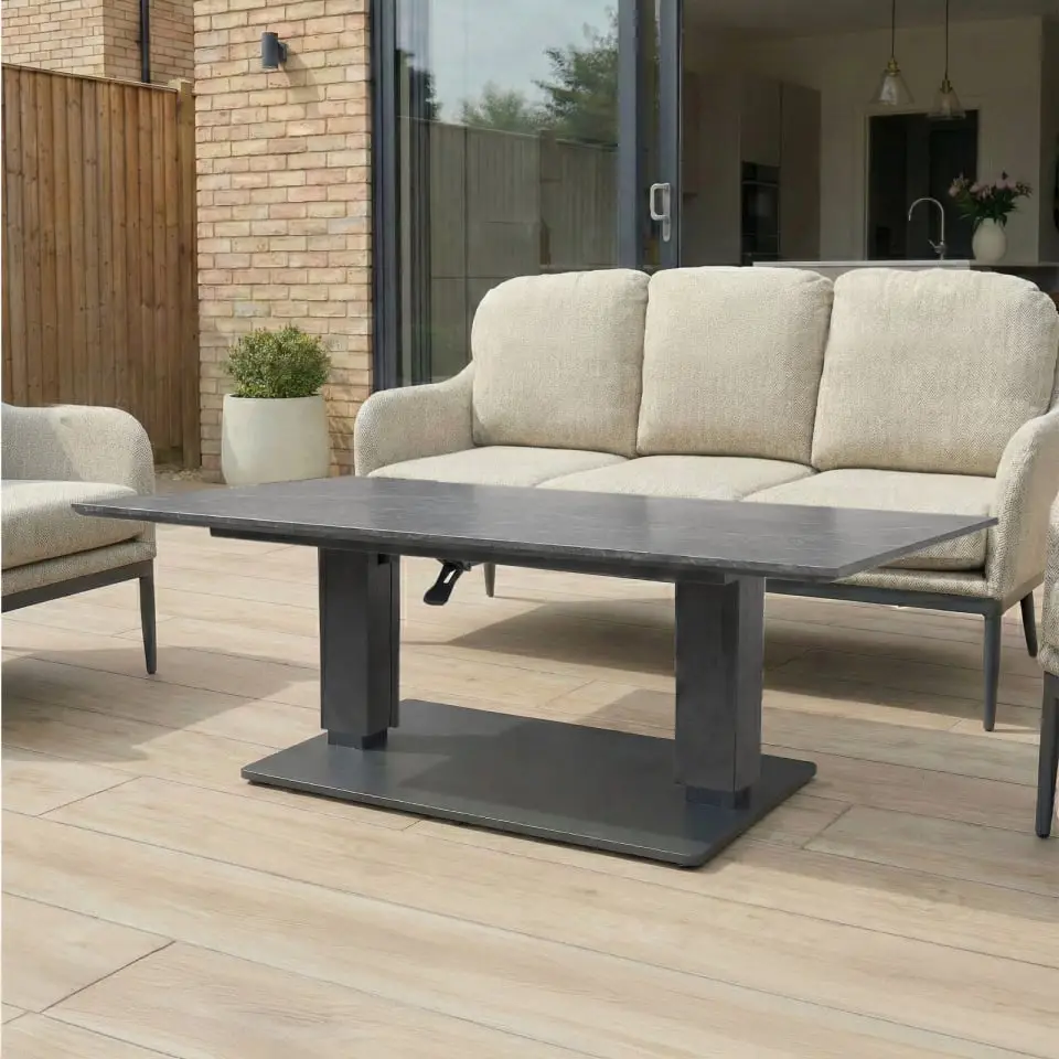 Ally 3 Seater Fabric Aluminium Dining Set with 2 Armchairs & Bench - Adjustable Rising Table in Oatmeal