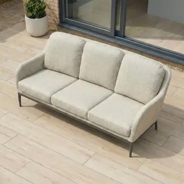 Ally 3 Seater Fabric Aluminium Dining Set with 2 Armchairs & Bench - Adjustable Rising Table in Oatmeal