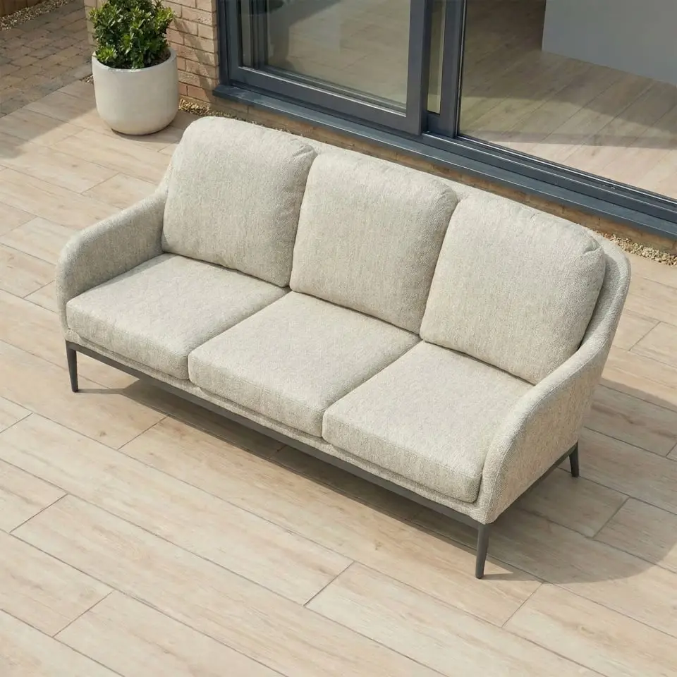 Ally 3 Seater Fabric Aluminium Dining Set with 2 Armchairs & Bench - Adjustable Rising Table in Oatmeal