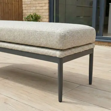 Ally 3 Seater Fabric Aluminium Dining Set with 2 Armchairs & Bench - Adjustable Rising Table in Oatmeal