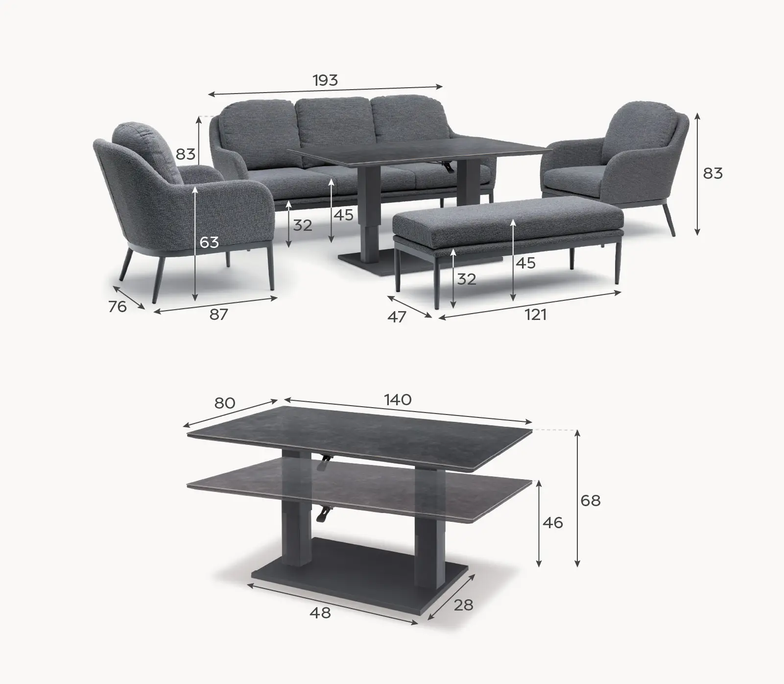 Ally 3 Seater Fabric Aluminium Dining Set with 2 Armchairs & Bench - Adjustable Rising Table in Oatmeal