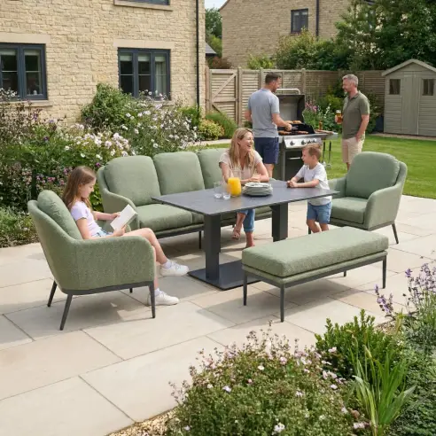 Ally 3 Seater Fabric Aluminium Dining Set with 2 Armchairs & Bench - Adjustable Rising Table in Green