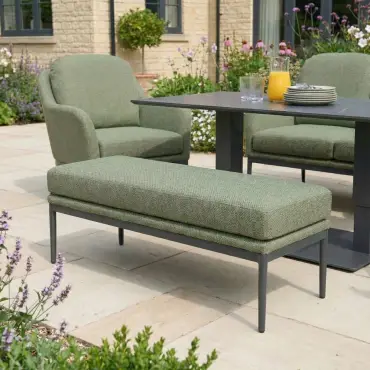 Ally 3 Seater Fabric Aluminium Dining Set with 2 Armchairs & Bench - Adjustable Rising Table in Green