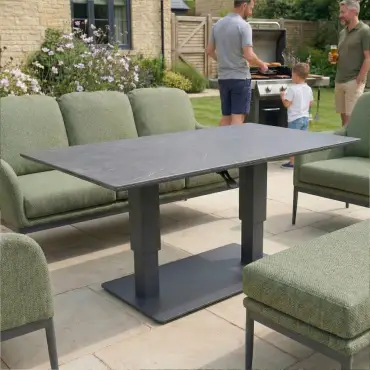 Ally 3 Seater Fabric Aluminium Dining Set with 2 Armchairs & Bench - Adjustable Rising Table in Green
