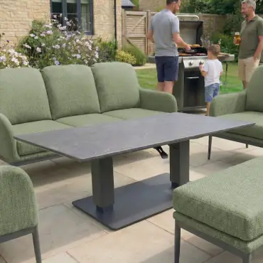 Ally 3 Seater Fabric Aluminium Dining Set with 2 Armchairs & Bench - Adjustable Rising Table in Green
