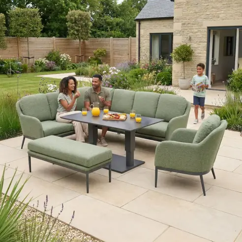 Ally Corner Fabric Aluminium Dining Set with Armchair & Bench - Adjustable Rising Table in Green Ally Corner Fabric Aluminium Dining Set with Armchair & Bench - Adjustable Rising Table in Green