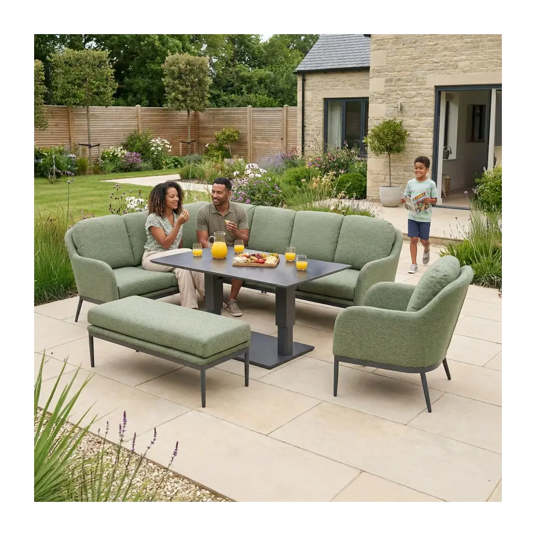 Ally Corner Fabric Aluminium Dining Set with Armchair & Bench - Adjustable Rising Table in Green Ally Corner Fabric Aluminium Dining Set with Armchair & Bench - Adjustable Rising Table in Green