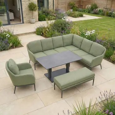 Ally Corner Fabric Aluminium Dining Set with Armchair & Bench - Adjustable Rising Table in Green