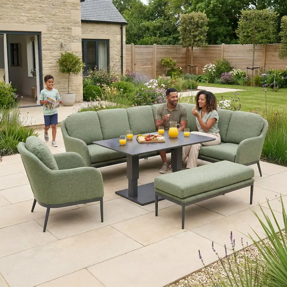 Ally Corner Fabric Aluminium Dining Set with Armchair & Bench - Adjustable Rising Table in Green