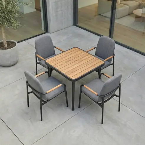 Piper 4 Seat Aluminium Wood Look Dining Set - Square Table Piper 4 Seat Aluminium Wood Look Dining Set - Square Table