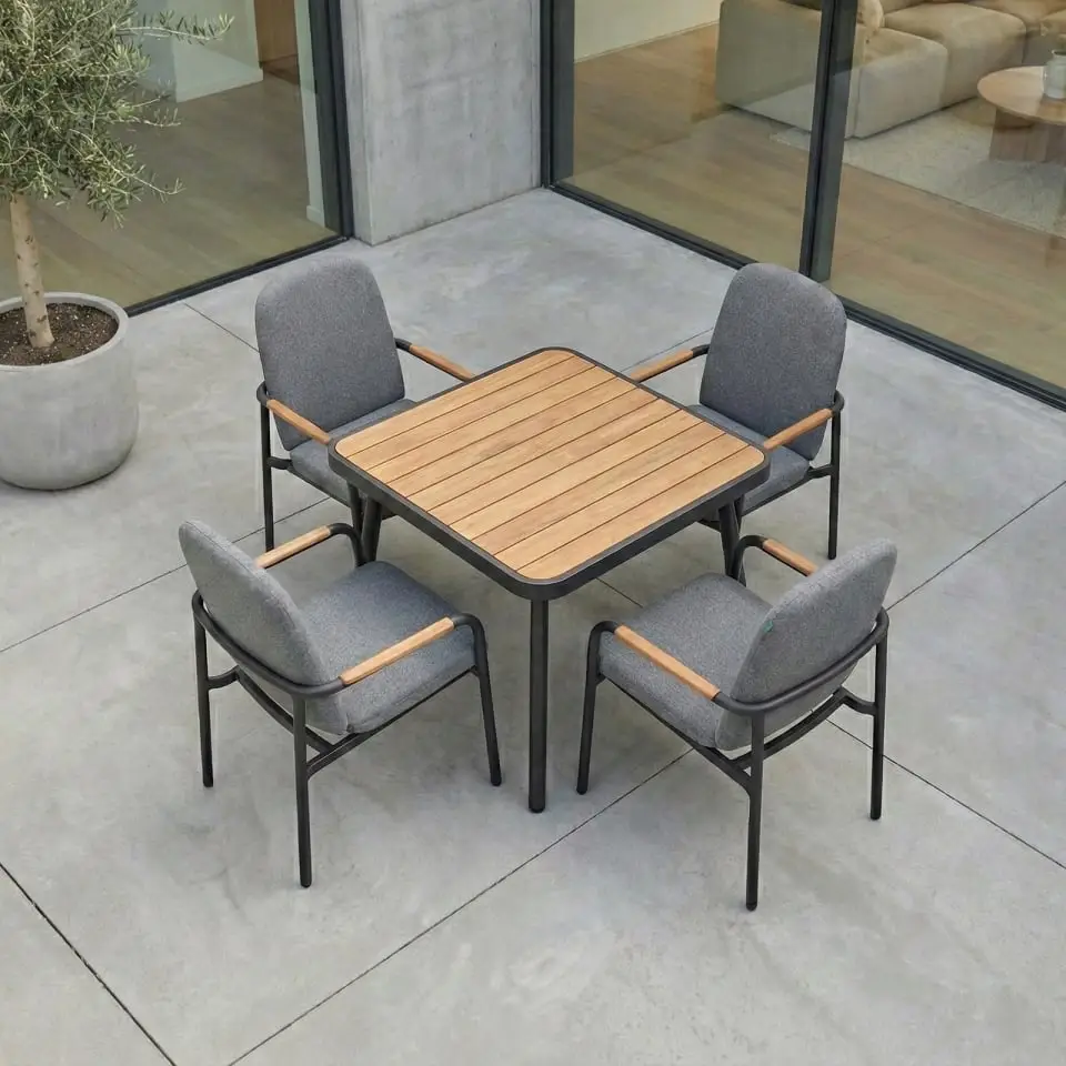 Piper 4 Seat Aluminium Wood Look Dining Set - Square Table