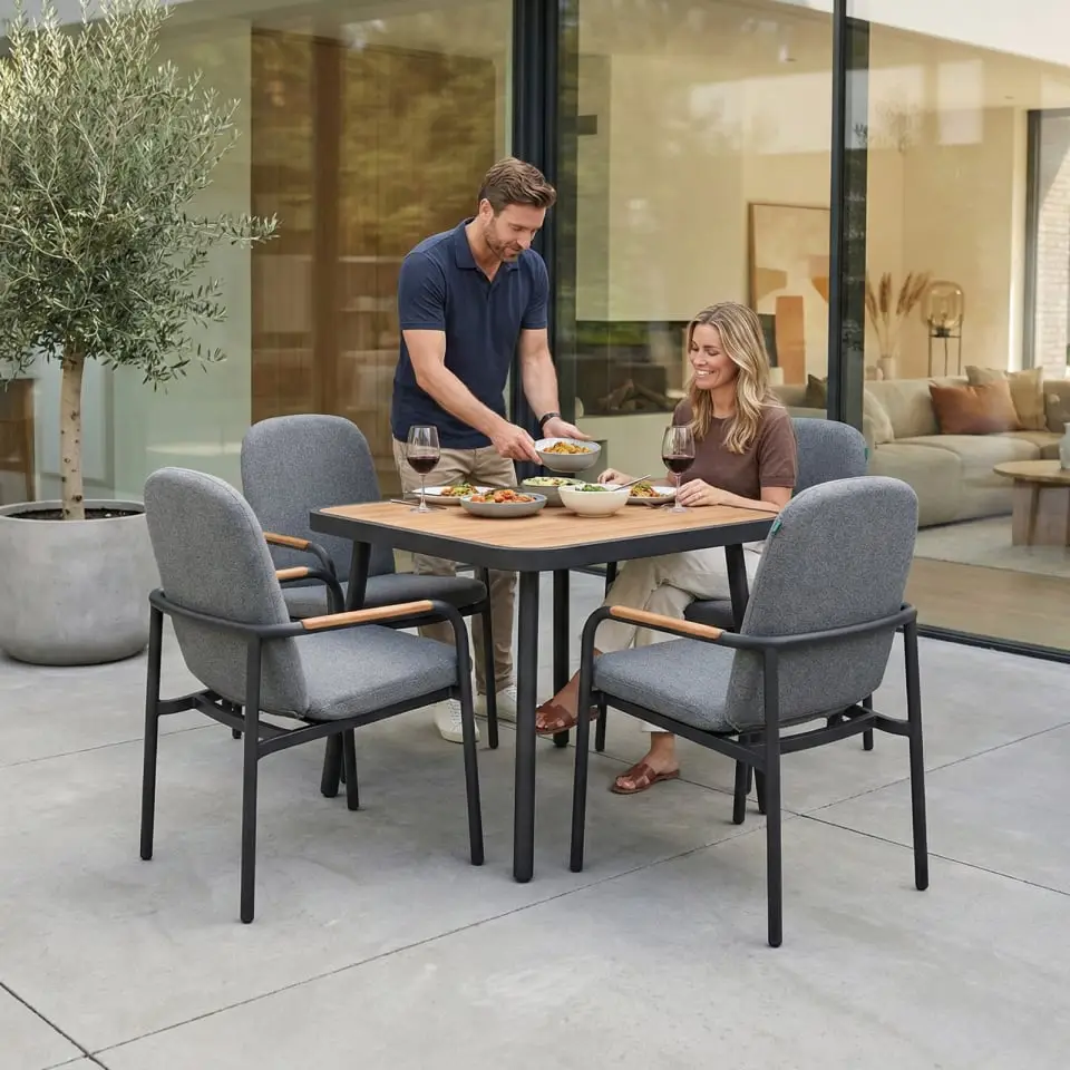 Piper 4 Seat Aluminium Wood Look Dining Set - Square Table