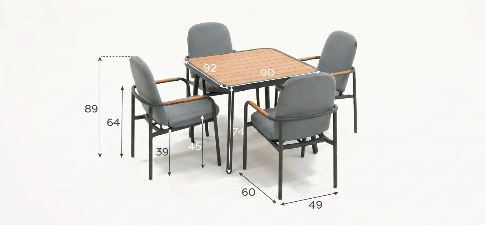 Piper 4 Seat Aluminium Wood Look Dining Set - Square Table
