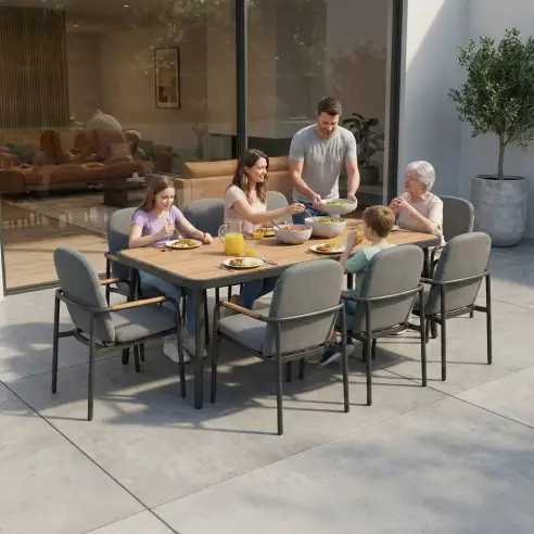 Piper 8 Seat Aluminium Wood Looking Dining Set - Rectangular Table