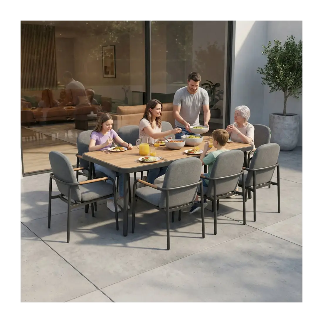 Piper 8 Seat Aluminium Wood Looking Dining Set - Rectangular Table