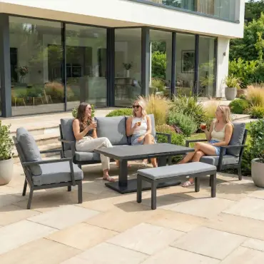 Vogue 3 Seater Aluminium Dining Set - 2 Armchairs & Bench - Adjustable Rising Extending Table