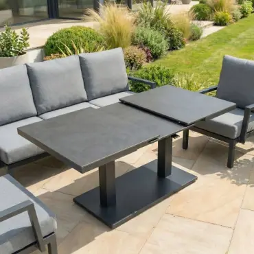 Vogue 3 Seater Aluminium Dining Set - 2 Armchairs & Bench - Adjustable Rising Extending Table
