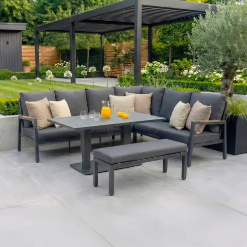 Juno Corner Aluminium Wood Effect Dining Set & Bench - Right Handed Adjustable Rising