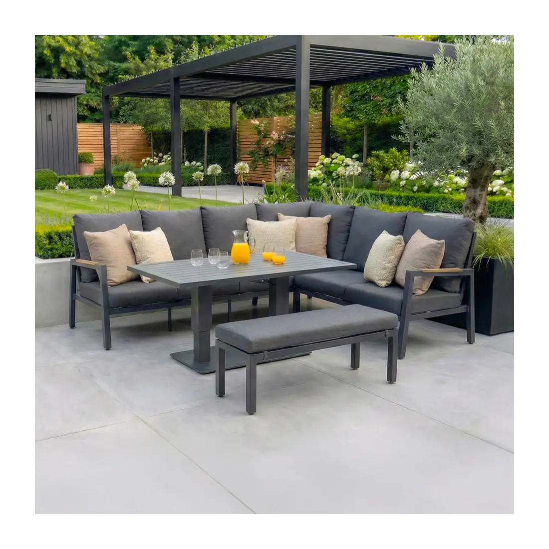 Juno Corner Aluminium Wood Effect Dining Set & Bench - Right Handed Adjustable Rising