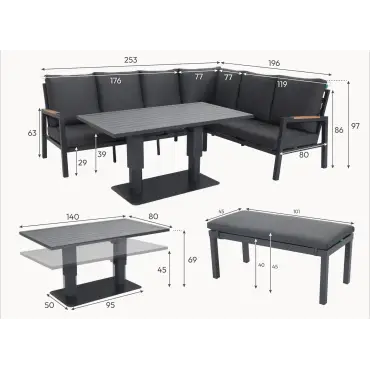 Juno Corner Aluminium Wood Effect Dining Set & Bench - Right Handed Adjustable Rising