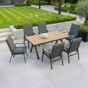 Juno 6 Seat Aluminium Wood Effect Reclining Dining Set - Rectangular Table