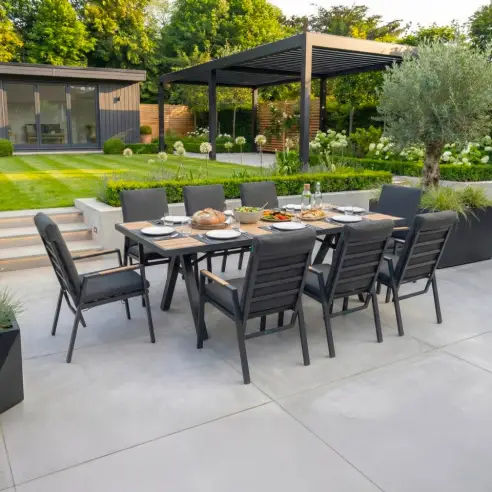 Juno 8 Seat Aluminium Wood Effect Reclining Dining Set - Rectangular Table