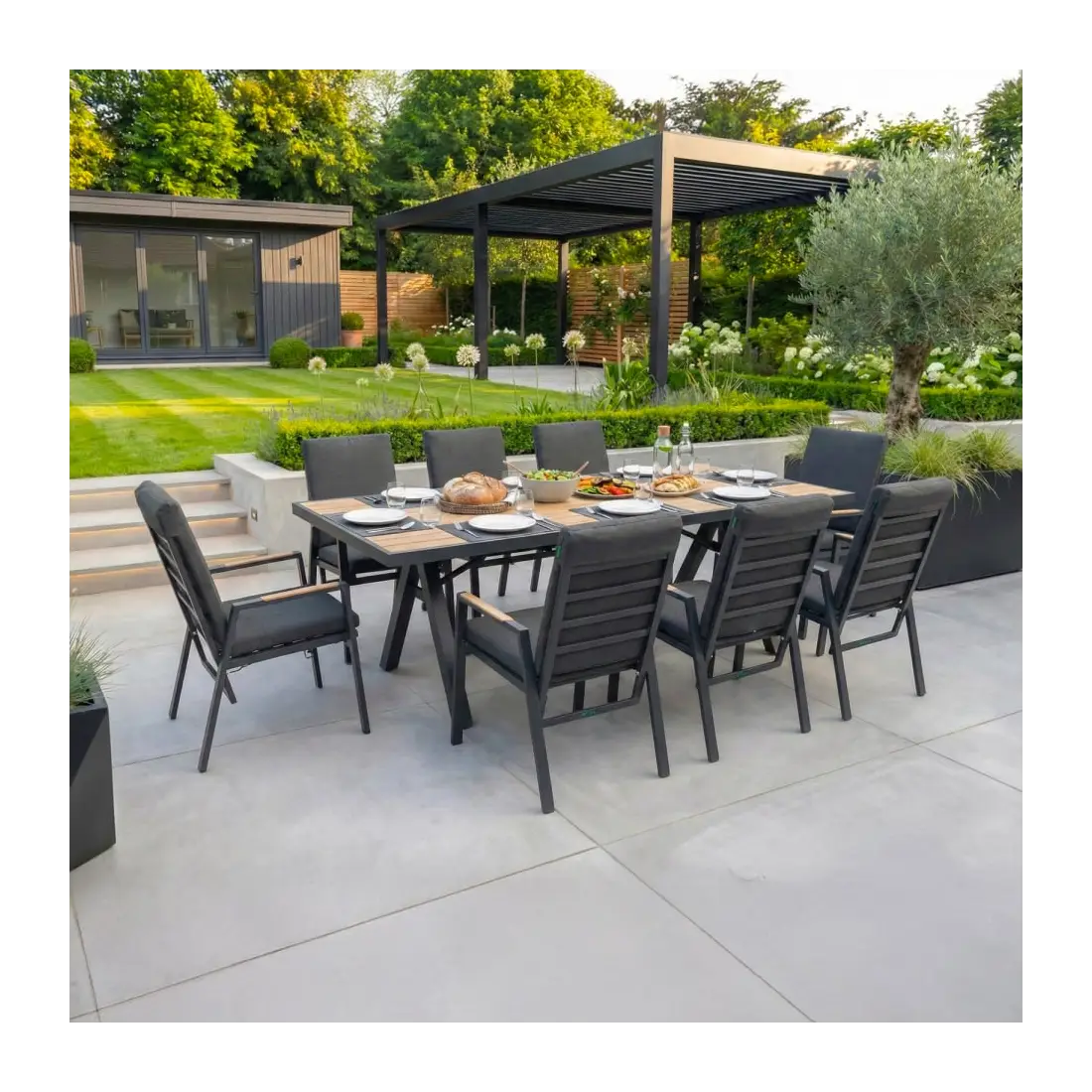 Juno 8 Seat Aluminium Wood Effect Reclining Dining Set - Rectangular Table