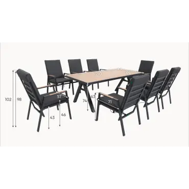 Juno 8 Seat Aluminium Wood Effect Reclining Dining Set - Rectangular Table