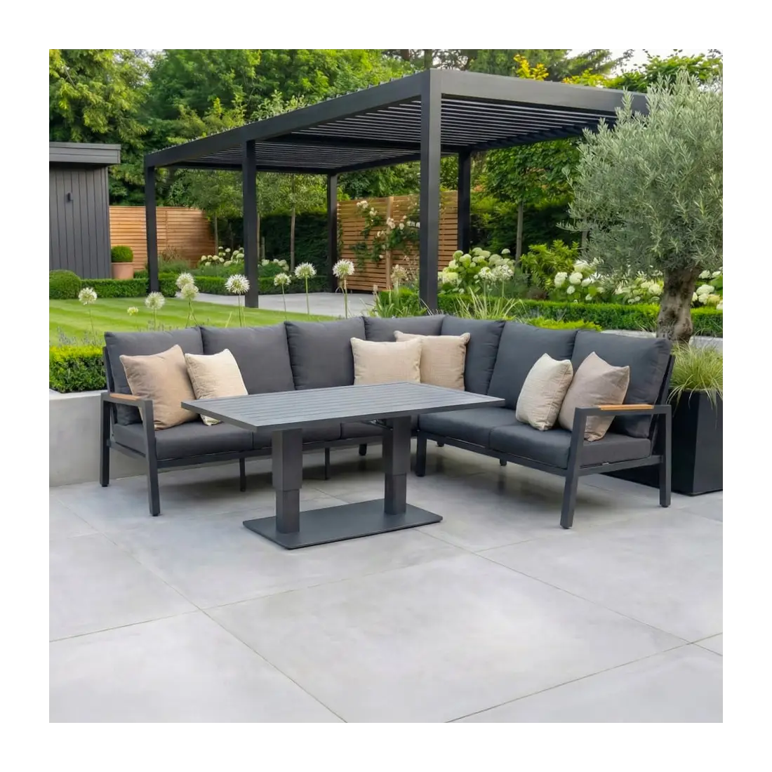 Juno Corner Aluminium Wood Effect Dining Set - Right Handed Adjustable Rising