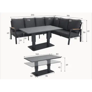 Juno Corner Aluminium Wood Effect Dining Set - Right Handed Adjustable Rising