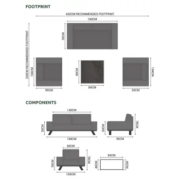 Tranquility Fabric Aluminium 2 Seater Sofa Set - Square Coffee Table & 2 Armchairs